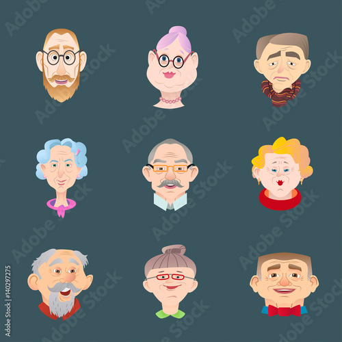 Face of elder people icons set in flat style. Pensioner head collection.