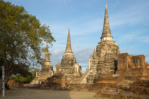 The ancient stupas of the buddhist temple of Wat Phra Si Sanphet on a sunny morning. Ayutthaya  Thailand