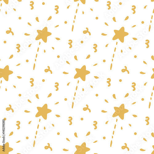 Seamless pattern with gold magic wand on a white background. It can be used for  packaging, wrapping paper and etc.