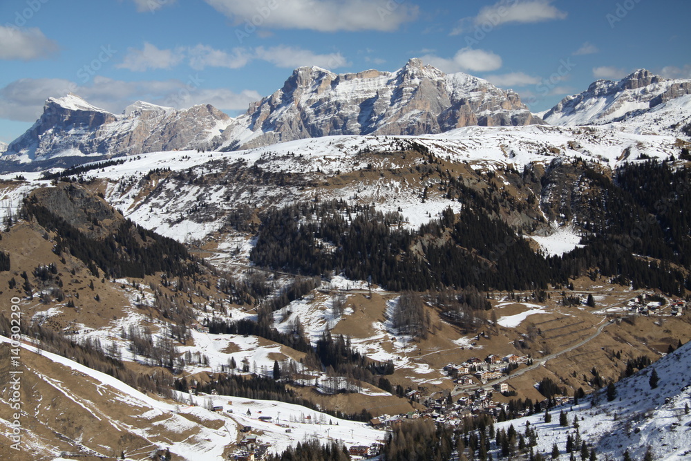 End of Winter in the Dolomites, View from The Top Forcella Porta Vescovo, Ski Area Sella Ronda, Arabba, Italy
