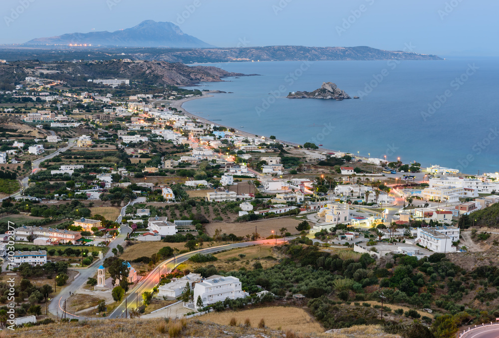 Beautiful evening aerial view of the village Kefalos, Kastri island and the coast of Kos, Dodecanese, Greece