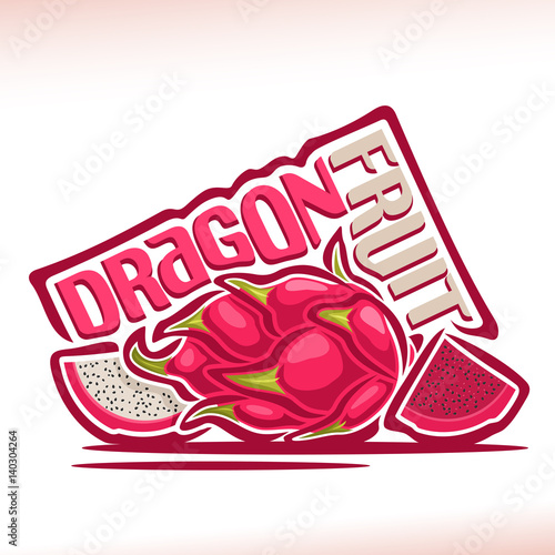 Vector logo Dragon Fruit: still life of 3 whole and cut slice dragon fruit, fresh thai bright fruits dragonfruit, abstract cartoon icon pitahaya or pitaya with title text for label, isolated on white.