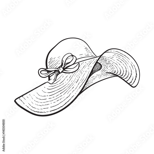 Fashionable straw hat with wide flaps, summer vacation attribute, sketch black and white vector illustration isolated on white background. Hand drawn floppy straw hat, symbol of summer vacation