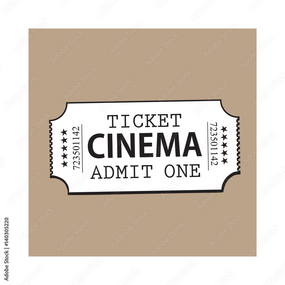 One retro style, vintage cinema, movie ticket, black and white sketch vector illustration isolated on brown background. Hand drawn cinema, movie ticket, pass, cinema object