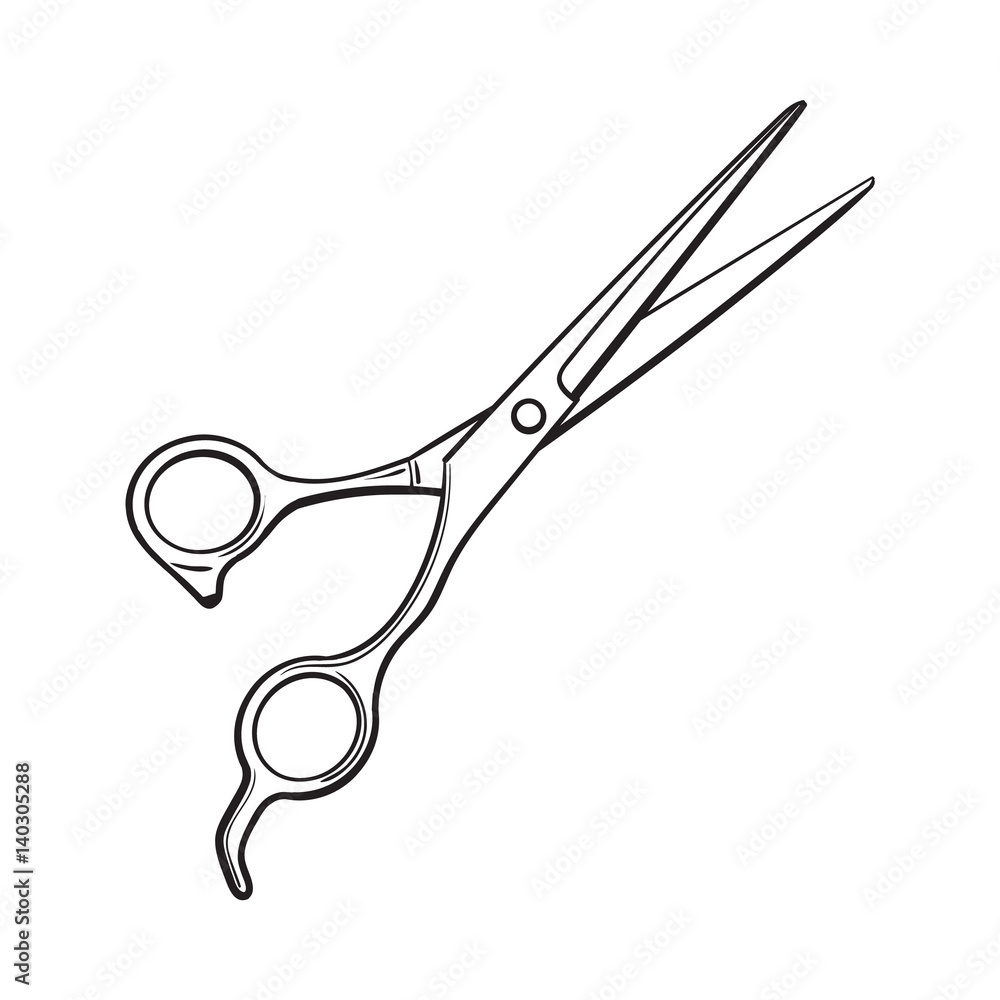 Stainless steel professional hairdresser scissors, sketch style vector  illustration isolated on white background. Hair cutting, hairdresser  professional scissors, tool, attribute Stock Vector