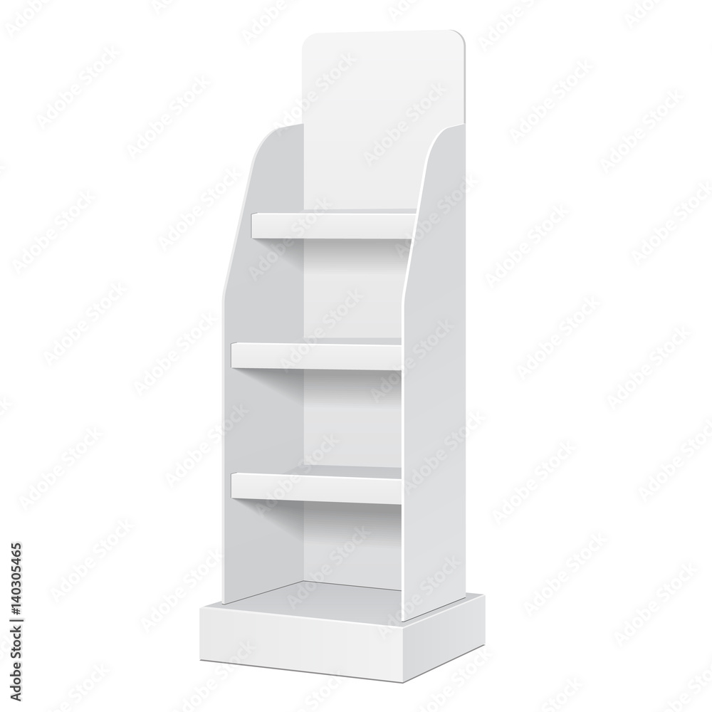 Cardboard Floor Display Rack For Supermarket. Blank Empty Shelves Mock Up. Illustration Isolated On White Background. Ready For Your Design. Product Advertising. Vector Cardboard Floor Display Rack For Supermarket. Blank Empty Shelves Mock Up. Illustration Isolated On White Background. Ready For Your Design. Product Advertising. Vector