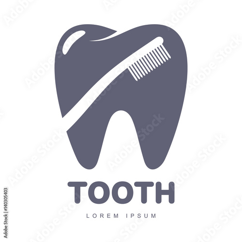 Graphic, black and white tooth, dental care logo template with toothbrush silhouette over tooth shape, vector illustration isolated on white background. Tooth, dental care logotype, logo design