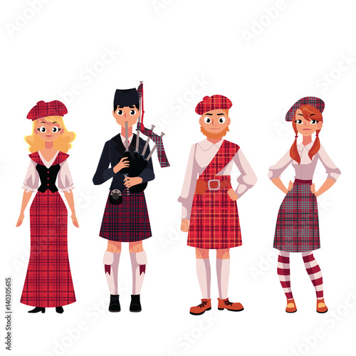 Scottish people in traditional national costumes, tartan berets and kilts, cartoon vector illustration isolated on white background. Set of Scottish people, men and women, in tartan, plaid and kilts