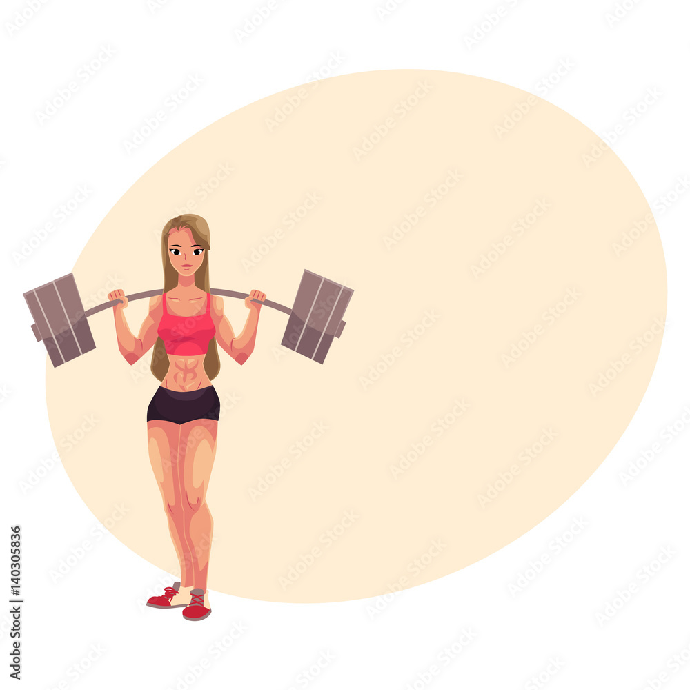 Young woman, female bodybuilder, weightlifter working out with barbell,  cartoon vector illustration with place for text. Woman bodybuilder standing  with barbell on her shoulders Stock Vector | Adobe Stock