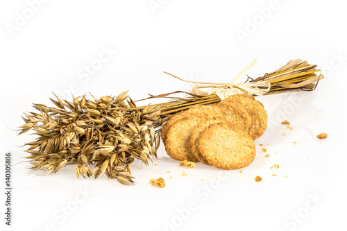 Oat bunch and cookies isolated on white background. Grain bouquet. Golden oats spikelets. Food, bakery concept