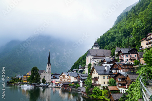 Amazing view of famous Hallstatt village in the Austrian Alps at Salzkammergut region, Austria