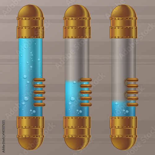 Vector steampunk transparent copper and glass capsule with blue liquid with bubbles