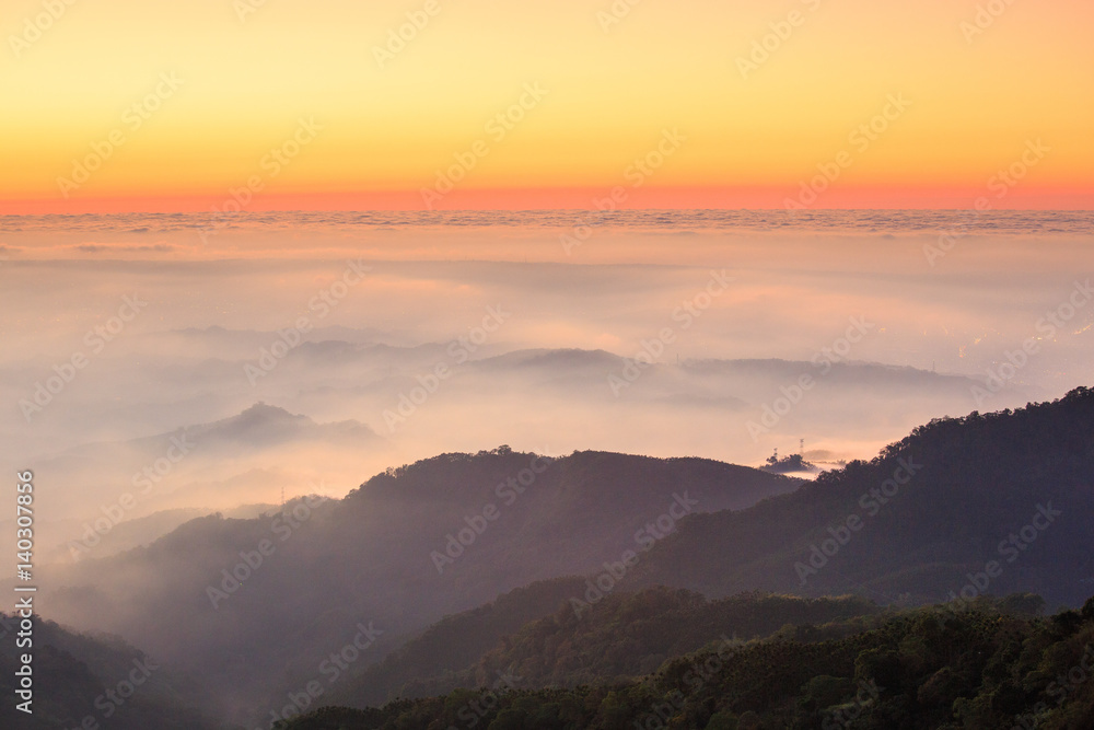 The sunset on the mountain,The whole sky was dyed orange,Taiwan,Asia.