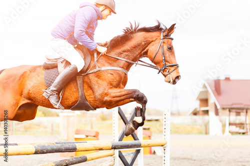 Young sportsman on bay horse jumping over obstacle on training