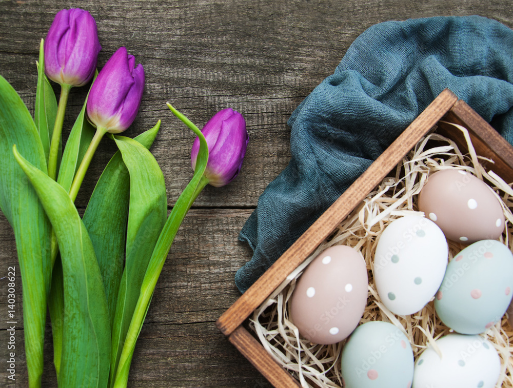 Easter eggs and tulips