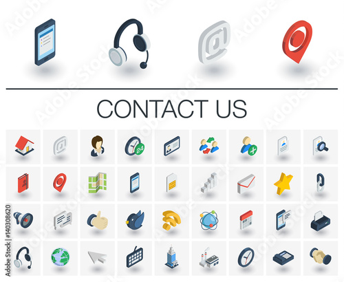 Isometric flat icon set. 3d vector colorful illustration with contact us symbols. Communication, home, call, speech bubble, email, letter, envelope, handshake colorful pictogram Isolated on white