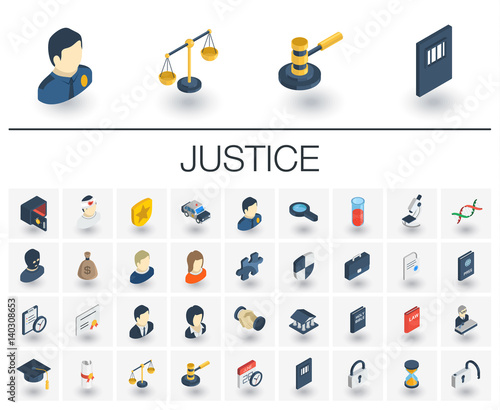 Isometric flat icon set. 3d vector colorful illustration with justice, law symbols. Legal, court, judge, crime, police, prison, gavel and scale colorful pictogram Isolated on white