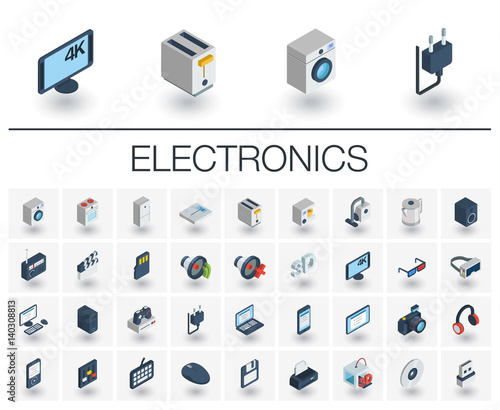 Isometric flat icon set. 3d vector colorful illustration with electronics, multimedia and technology symbols. Music, film, phones, joystick, video, kitchen gadgets colorful pictogram Isolated on white