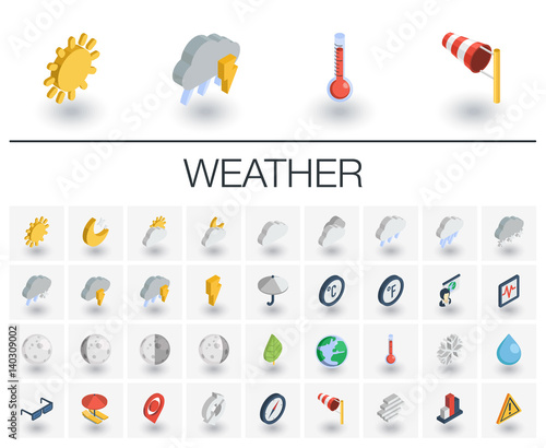 Isometric flat icon set. 3d vector colorful illustration with meteo symbols. Weather cast, cloud, rain, snow, moon, thermometer, umbrella colorful pictogram Isolated on white