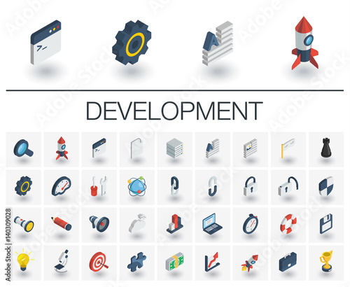 Isometric flat icon set. 3d vector colorful illustration with web and app development symbols. Digital network technology, coding, application, program data colorful pictogram Isolated on white