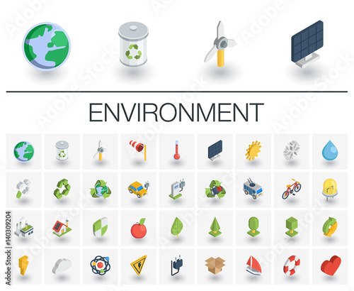 Isometric flat icon set. 3d vector colorful illustration with ecology symbols. Eco, bio, environmental, wind power, recycle colorful pictogram Isolated on white