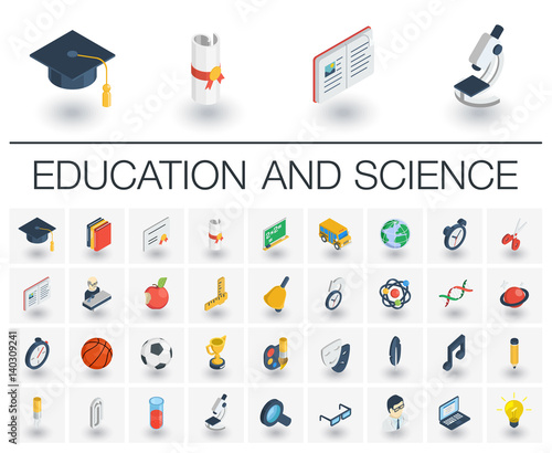 Isometric flat icon set. 3d vector colorful illustration with education, learning, think symbols. Book, microscope, calculator, pen, elearning, teacher colorful pictogram Isolated on white