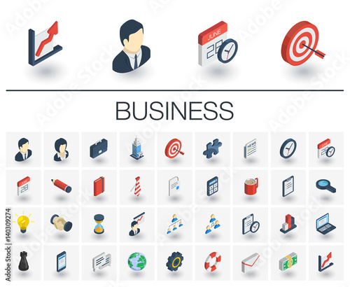 Isometric flat icon set. 3d vector colorful illustration with business, management symbols. Marketing research, strategy, service, career, mission, analytic colorful pictogram Isolated on white