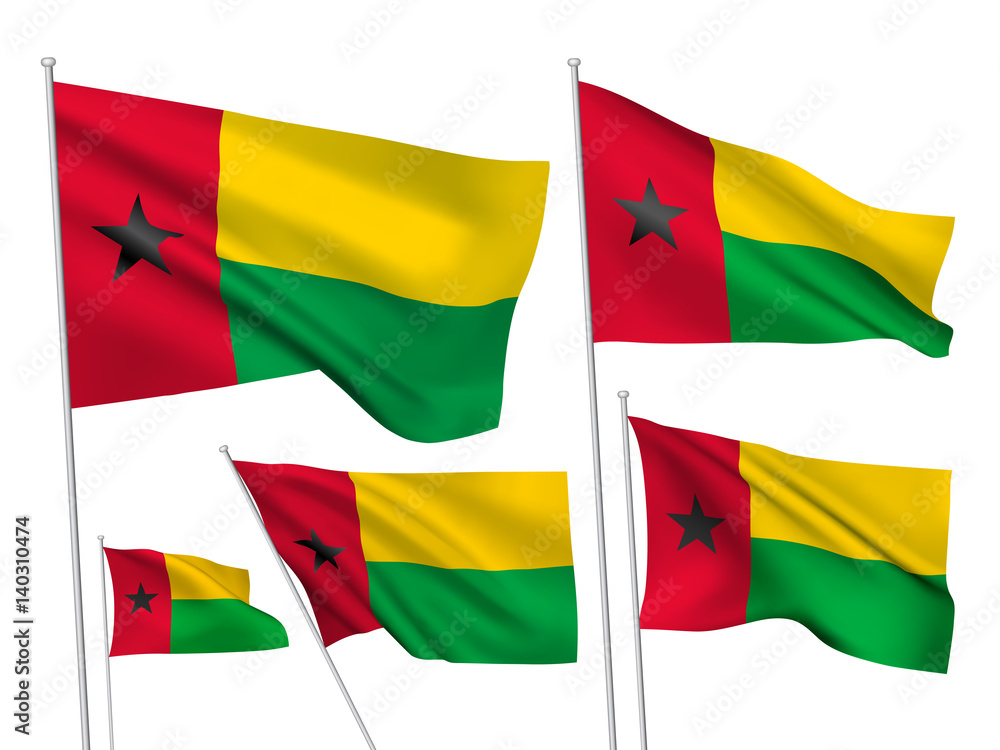Obraz premium Guinea-Bissau vector flags set. 5 wavy 3D cloth pennants fluttering on the wind. EPS 8 created using gradient meshes isolated on white background. Five flagstaff design elements from world collection