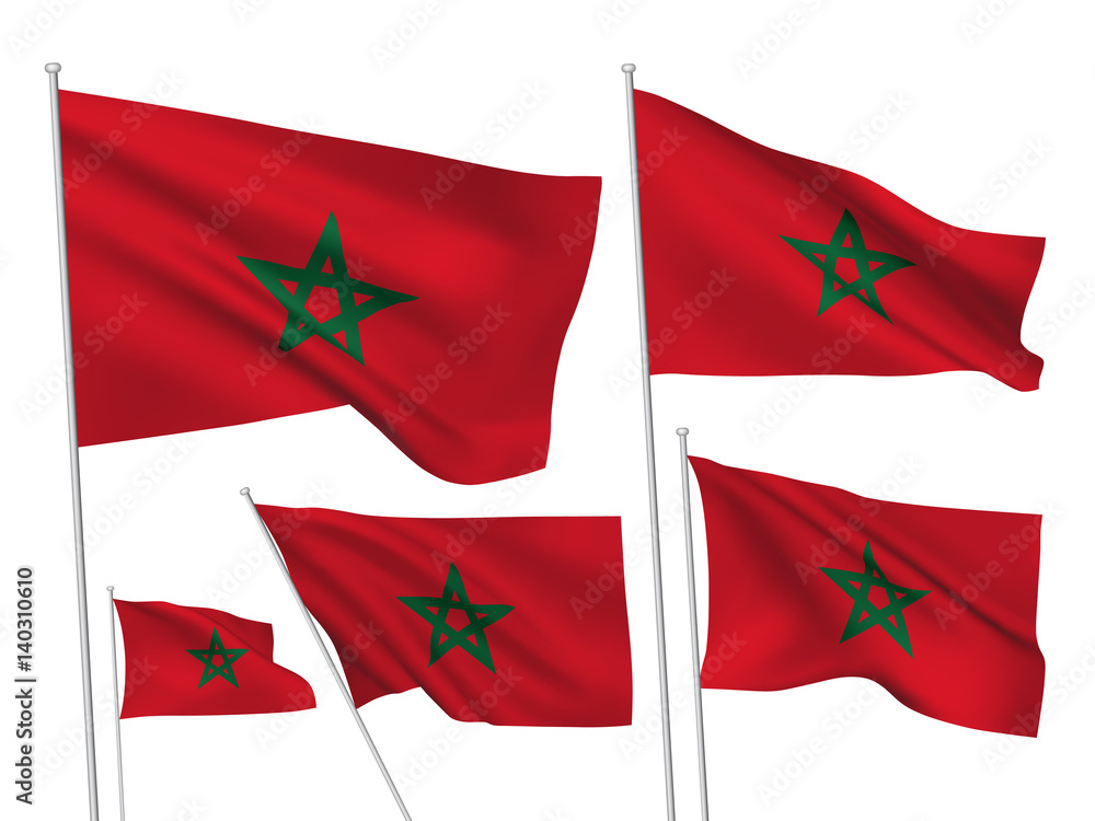 Morocco vector flags set. 5 wavy 3D cloth pennants fluttering on the wind. EPS 8 created using gradient meshes isolated on white background. Five fabric flagstaff design elements from world collection Morocco vector flags set. 5 wavy 3D cloth pennants fluttering on the wind. EPS 8 created using gradient meshes isolated on white background. Five fabric flagstaff design elements from world collection