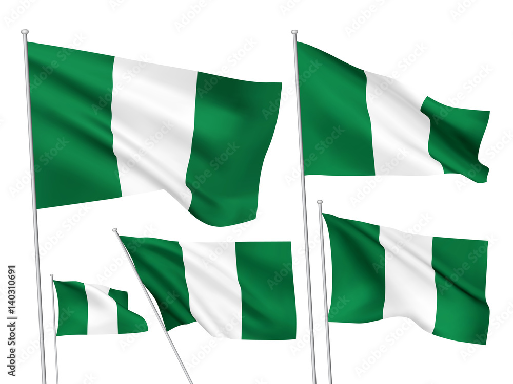 Obraz premium Nigeria vector flags set. 5 wavy 3D cloth pennants fluttering on the wind. EPS 8 created using gradient meshes isolated on white background. Five fabric flagstaff design elements from world collection