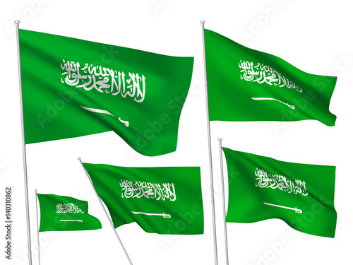 Saudi Arabia vector flags set. 5 wavy 3D cloth pennants fluttering on the wind. EPS 8 created using gradient meshes isolated on white background. Five flagstaff design elements from world collection