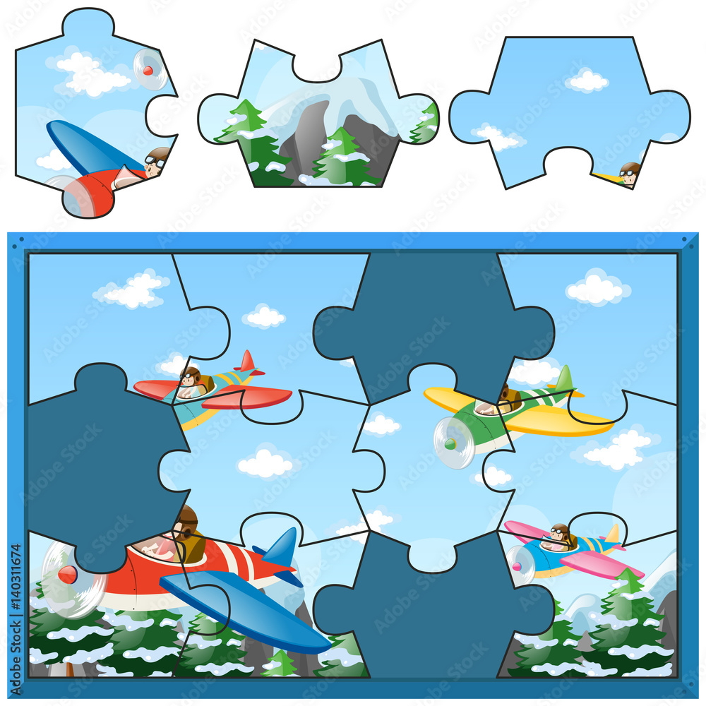 Naklejka premium Jigsaw puzzle with kids flying planes