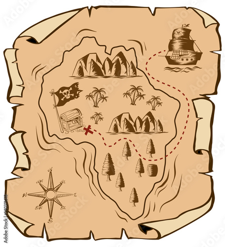 Treasure map with ship sailing to island