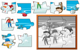 Jigsaw puzzle pieces of boys playing in snow