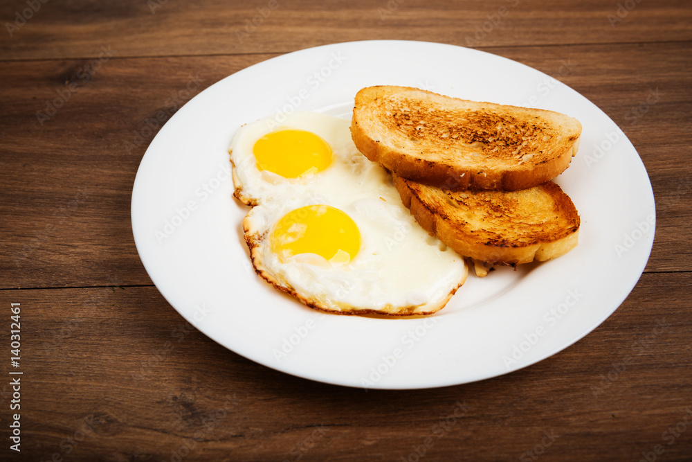 Traditional breakfast with fried eggs and toast
