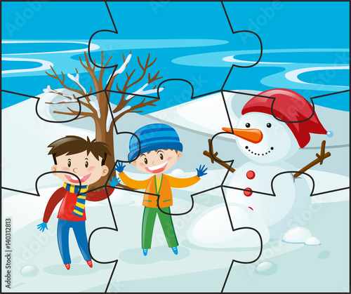 Jigsaw puzzle game with kids and snowman
