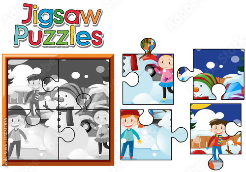 Jigsaw puzzle pieces of kids playing with snowman