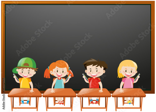 Blackboard background with kids in classroom