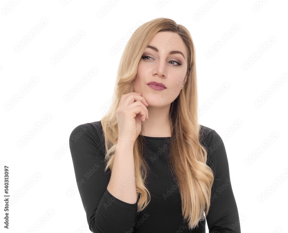 Blonde young woman looking sideways in excitement. Blonde young woman looking sideways in excitement.