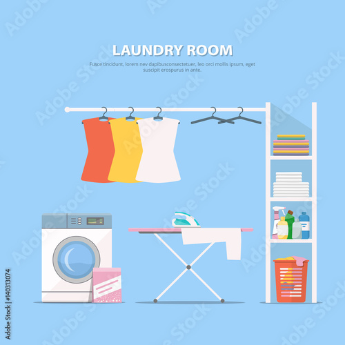 Laundry room with washing machine, wardrobe with household chemistry and clean linen. Concept laundry interior in flat style.