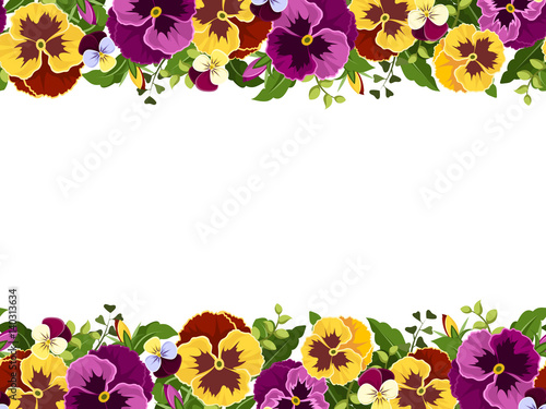 Vector horizontal seamless frame with yellow and purple pansy flowers and green leaves.
