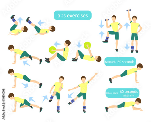 Exercises for kids set. Workout for boys. Abs exercises with weights. Healthy lifestyle for children.