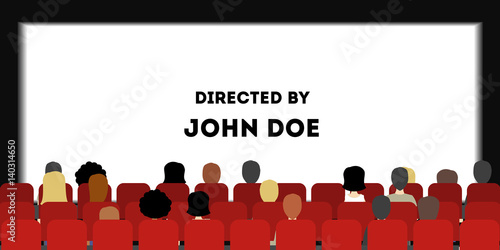 Cinema screen with people. Visitors sit in the red seats and watch the film titles.