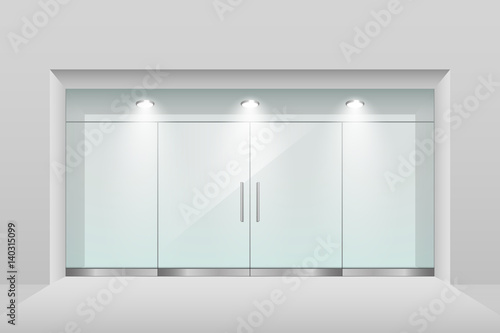 Empty storefront with ceiling lighting and glass double door, vector illustration