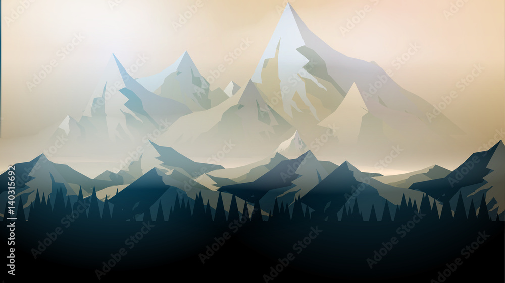 Abstract Sunrise Mountains with Pine Forest - Vector Illustration