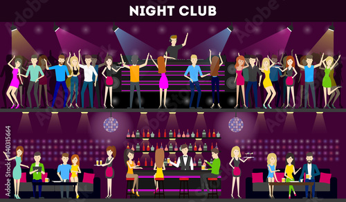 Night club interior set. Moder syle club with bar and dance hall. Dj plays music, people dance.