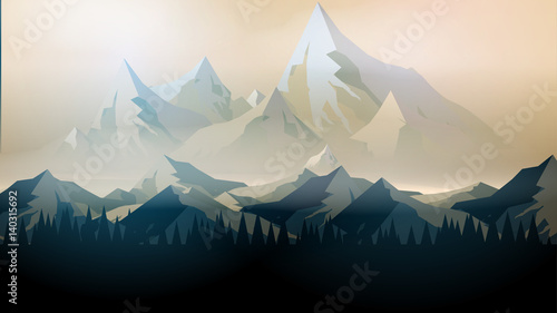 Abstract Sunrise Mountains with Pine Forest - Vector Illustration