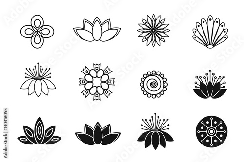 Set of line flower design elements. Plant, blossom and lotus icons
