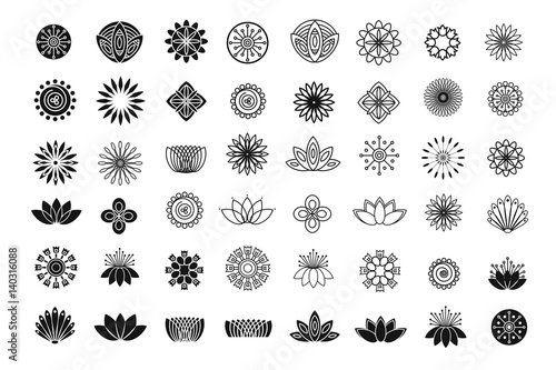 Set of line flower design elements. Plant, blossom and lotus icons