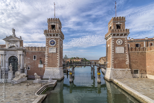 Beautiful view of the towers of the arsenal in the Castello district of Venice, Italy, under a superb sky photo
